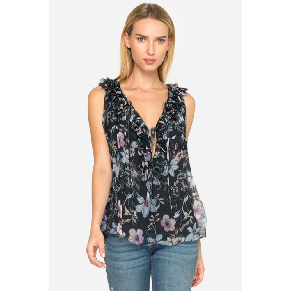JOHNNY WAS silk ruffle sleeveless top size XS floral - Picture 1 of 12